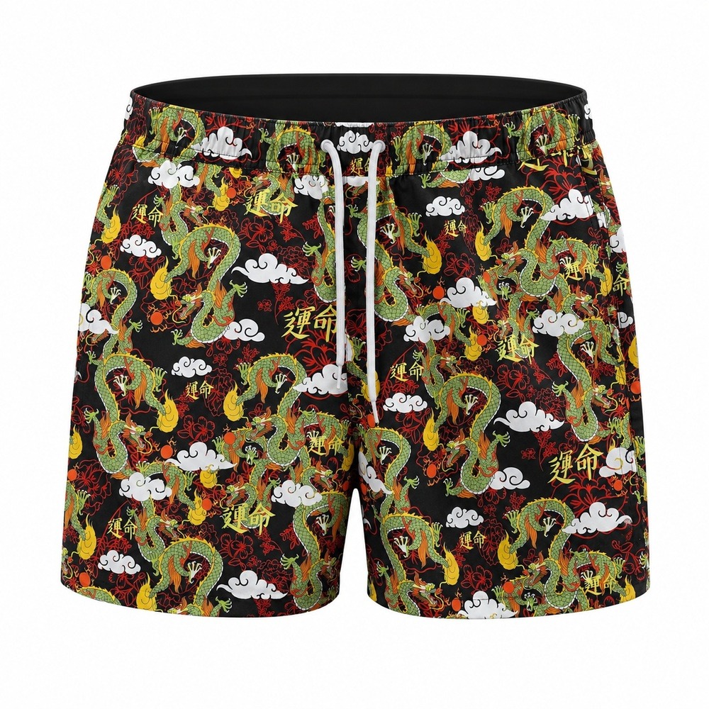 Empyre‎ Swim Trunks Mens Medium Black Green Dragon Graphic Recycled Polyester